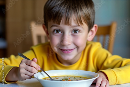 Kid boy sits at the table and holds spoon in his right hand. A bowl of soup is on the table.