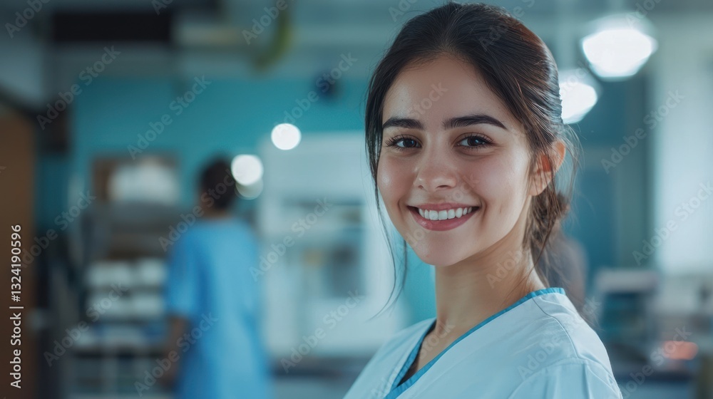 Smiling Healthcare Professional in Clinic Environment with Colleagues Smiling Healthcare Professional in Clinic Environment with Colleagues