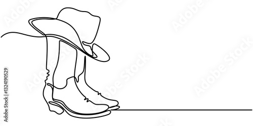continuous line cowboy hat and boots, One continuous single drawing line art flat doodle boot, shoe, cowboy, leather, western, fashion, cossack, foot, ranch. Isolated image hand draw contour.