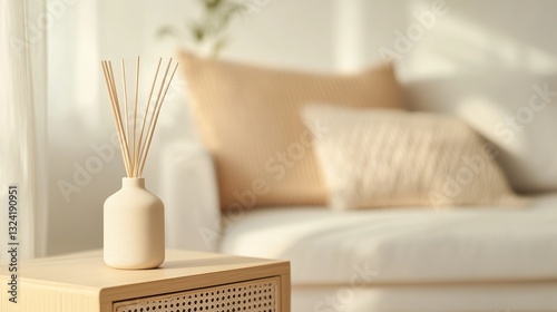 Elegant interior design with minimalist decor featuring a reed diffuser and soft cushions in a bright living space