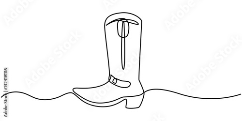 continuous line cowboy hat and boots, One continuous single drawing line art flat doodle boot, shoe, cowboy, leather, western, fashion, cossack, foot, ranch. Isolated image hand draw contour.