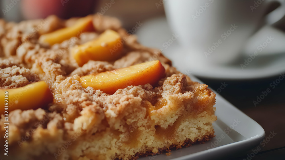 Delicious peach crumble cake, close-up shot showing texture and detail, served on a white plate next to a cup of coffee. Perfect for food blogs, magazines, or recipe websites. Delicious peach crumble cake, close-up shot showing texture and detail, served on a white plate next to a cup of coffee. Perfect for food blogs, magazines, or recipe websites.