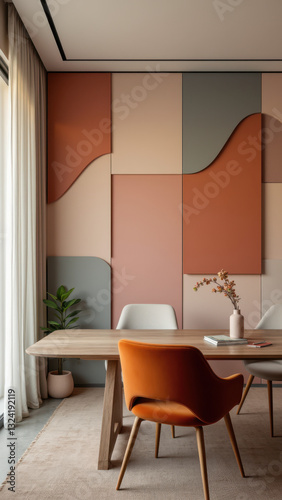 A stylish room featuring unique geometric acoustic panels on the wall with contemporary furniture and a serene atmosphere.