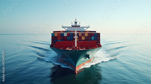 front view of cargo ship loaded with colorful containers sailing on calm waters