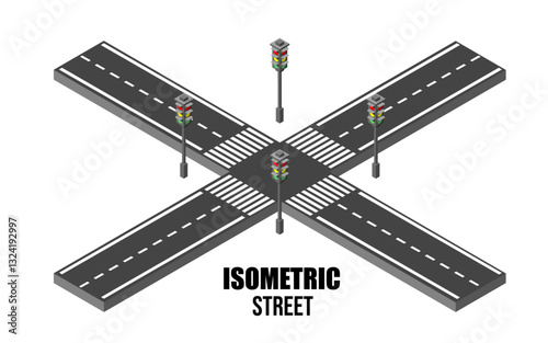 Crossroads and road markings isometric vector illustration for infographics. Transport car urban and asphalt traffic. 