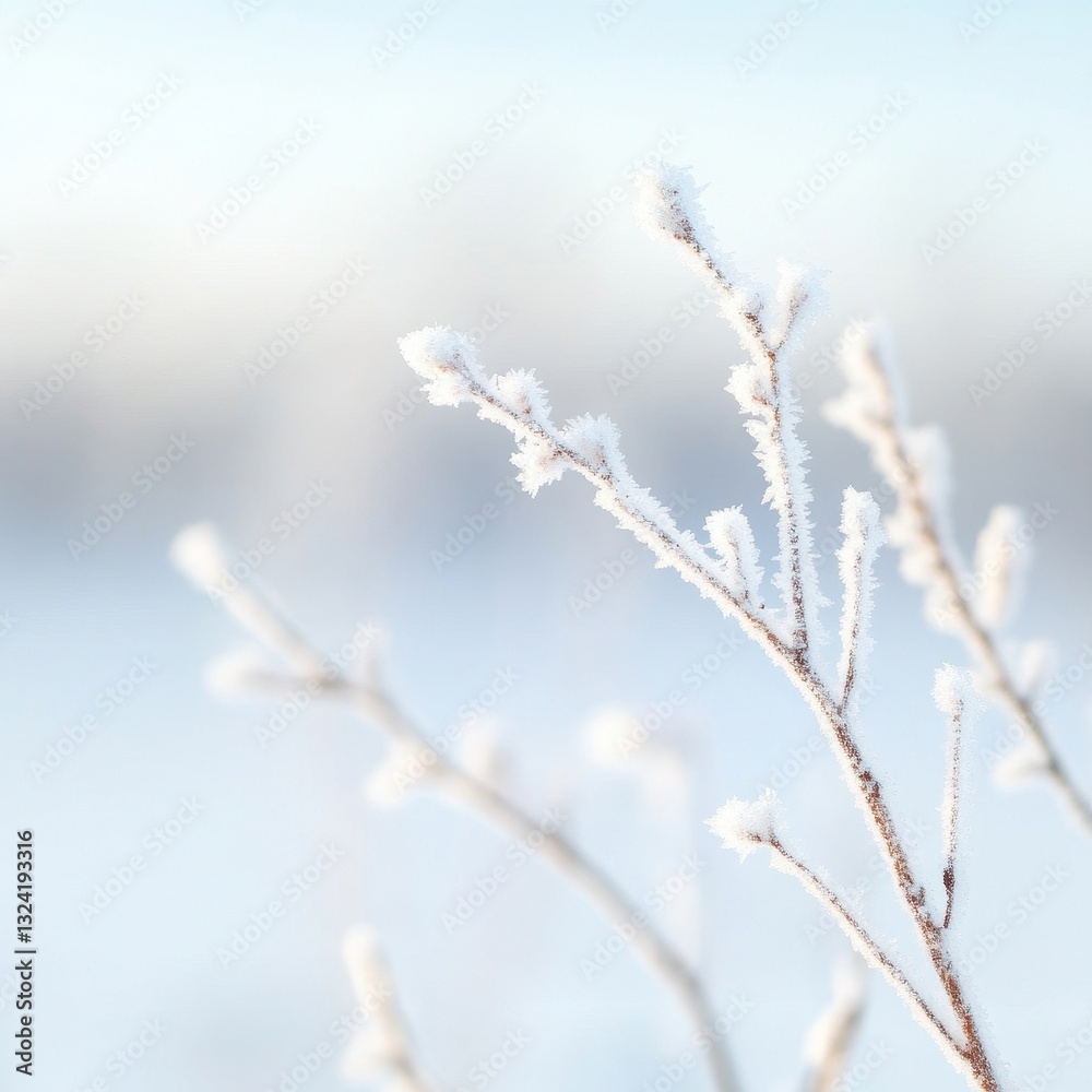 Frost-covered branches in serene winter landscape, delicate ice crystals glistening, peaceful and reflective atmosphere. Frost-covered branches in serene winter landscape, delicate ice crystals glistening, peaceful and reflective atmosphere.