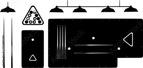Billiards table silhouette, pool cues, rack of balls, geometric shapes, hanging lamps, minimalist design, high contrast black and white, top-down view, game room illustration, sports equipment layout,