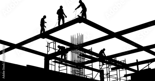 construction site, steel frame building, silhouettes of workers, industrial architecture, high contrast black and white, geometric shapes, scaffolding, urban development, skyline, structural engineeri