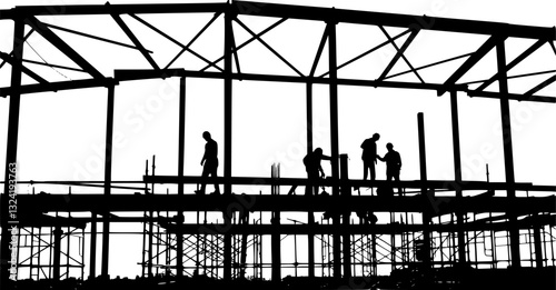construction site, steel frame building, silhouettes of workers, industrial architecture, high contrast black and white, geometric shapes, scaffolding, urban development, skyline, structural engineeri
