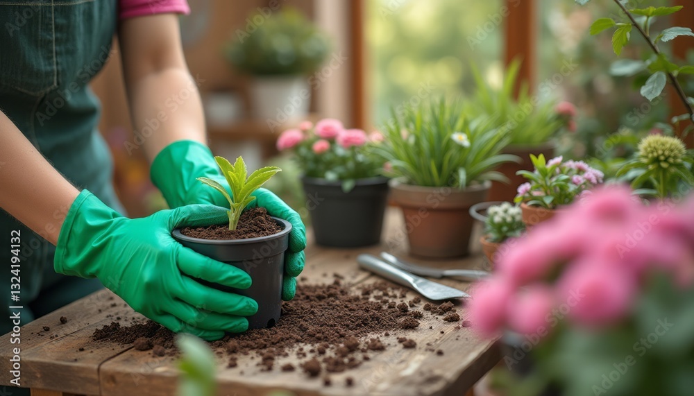 Fototapeta premium A pair of gloved hands gently plants a young seedling into a black pot, surrounded by vibrant flowers and greenery. This image captures the essence of gardening, showcasing the joy and tranquility of