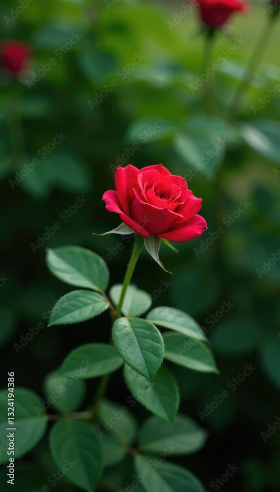 Red rose against the backdrop of dense greenery, nature, landscape, petals Red rose against the backdrop of dense greenery, nature, landscape, petals