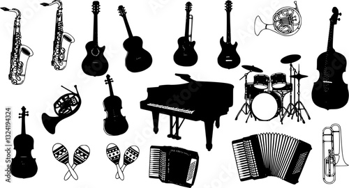 Musical instruments set pack. Music elements of violin, maracas,accordion,piano,drums,guitar, flute,triangle,bass guitar,horn,harp,flute,tambourine,cello,xylophone. Vector isolated cartoon flat style.