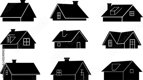 Black and white illustration, roof styles, architectural drawings, simple house shapes, gable roofs, dormers, chimney designs, minimalist house icons, silhouette houses, variety of roof angles, 
