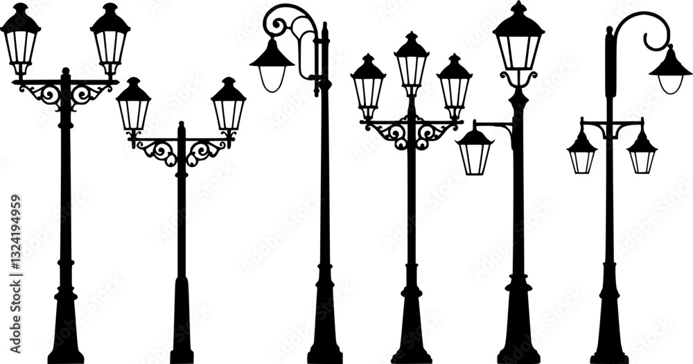 Streetlights silhouettes. Outdoor lighting lamp posts, street light poles and park illumination. Vintage lanterns and modern streetlights shapes vector set