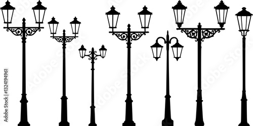 Streetlights silhouettes. Outdoor lighting lamp posts, street light poles and park illumination. Vintage lanterns and modern streetlights shapes vector set