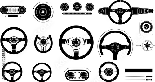 steering wheels, automotive design, black and white, vehicle controls, car interior elements, circular shapes, spoke patterns, retro and modern styles, technical drawings, silhouettes, automotive tech