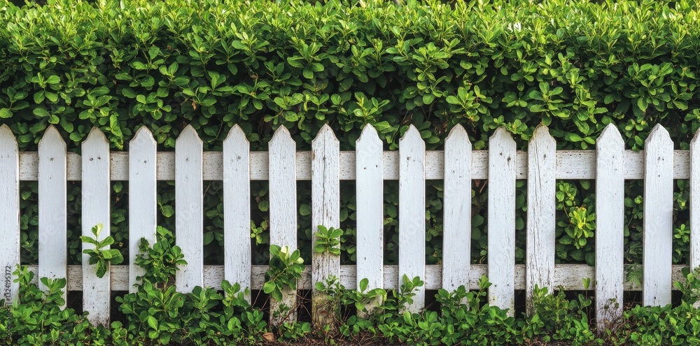 A white picket fence stands in front of a lush green hedge, creating a charming separation between spaces. A white picket fence stands in front of a lush green hedge, creating a charming separation between spaces.