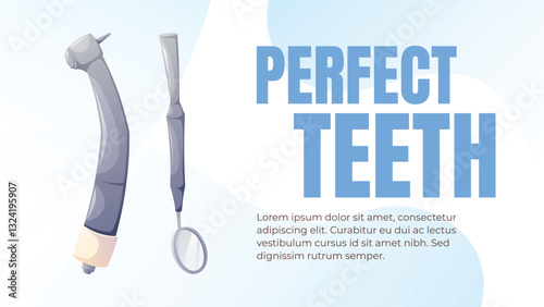 Vector cartoon illustration of banner template with dental tools for oral care and perfect teeth. Concept of professional dental treatment and hygiene.