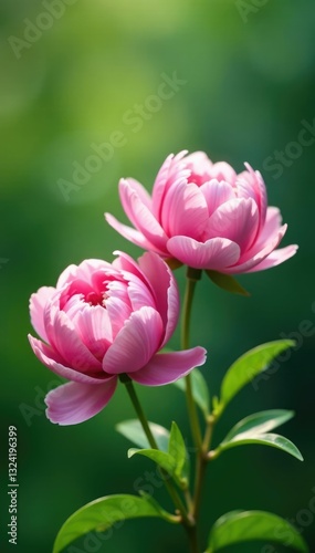 Soft pink peony flowers in full bloom on a lush green background, soft pink peonies, flowers, spring