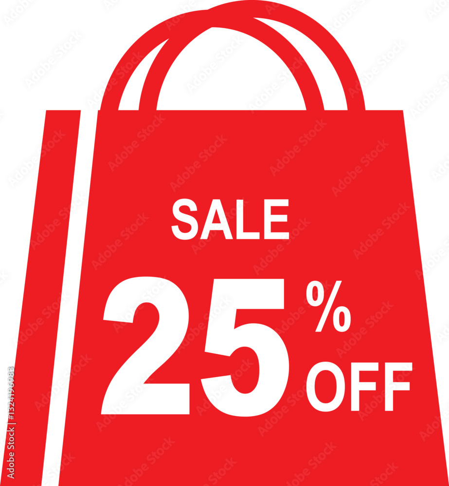 Illustration of a red shopping bag with the text 25% sale, shop and get up to 25% off Illustration of a red shopping bag with the text 25% sale, shop and get up to 25% off
