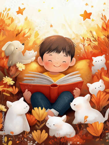 A smiling child reading a book, surrounded by playful animals amidst an autumn backdrop filled with colorful leaves and flowers.