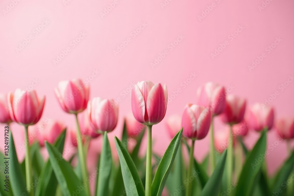 Soft pink tulips bloom in a serene field on a pale pink background, flowers, blossom, nature landscape Soft pink tulips bloom in a serene field on a pale pink background, flowers, blossom, nature landscape