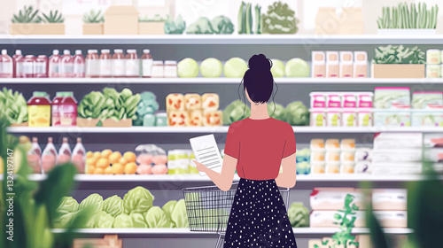 A woman stands in a supermarket aisle, browsing shelves filled with fresh fruits and vegetables. She holds a shopping list, making healthy choices for her meals.