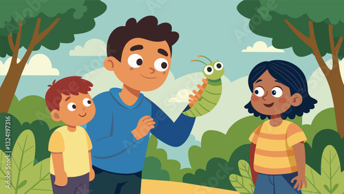 A young boy completely enthralled and fascinated by a caterpillar he found carefully holding it and showing it to his family as they continue to hike.. Vector illustration