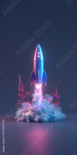 Futuristic Rocket Launch with Neon Glow and Smoke Trail in Space Setting