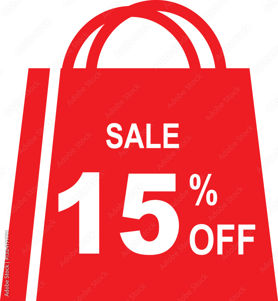 Illustration of a red shopping bag with the text 15% sale, shop and get up to 15% off