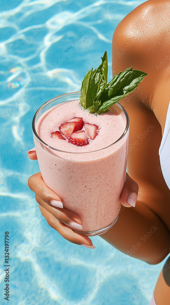 A woman by the pool holding a glass of strawberry smoothie topped with mint and strawberry slices.