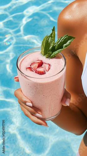 Obraz na płótnie A woman by the pool holding a glass of strawberry smoothie topped with mint and strawberry slices. w salonie