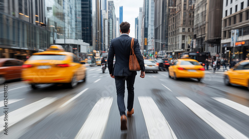 Wallpaper Mural Businessman crossing a busy street in a modern city with yellow taxis in motion. Torontodigital.ca