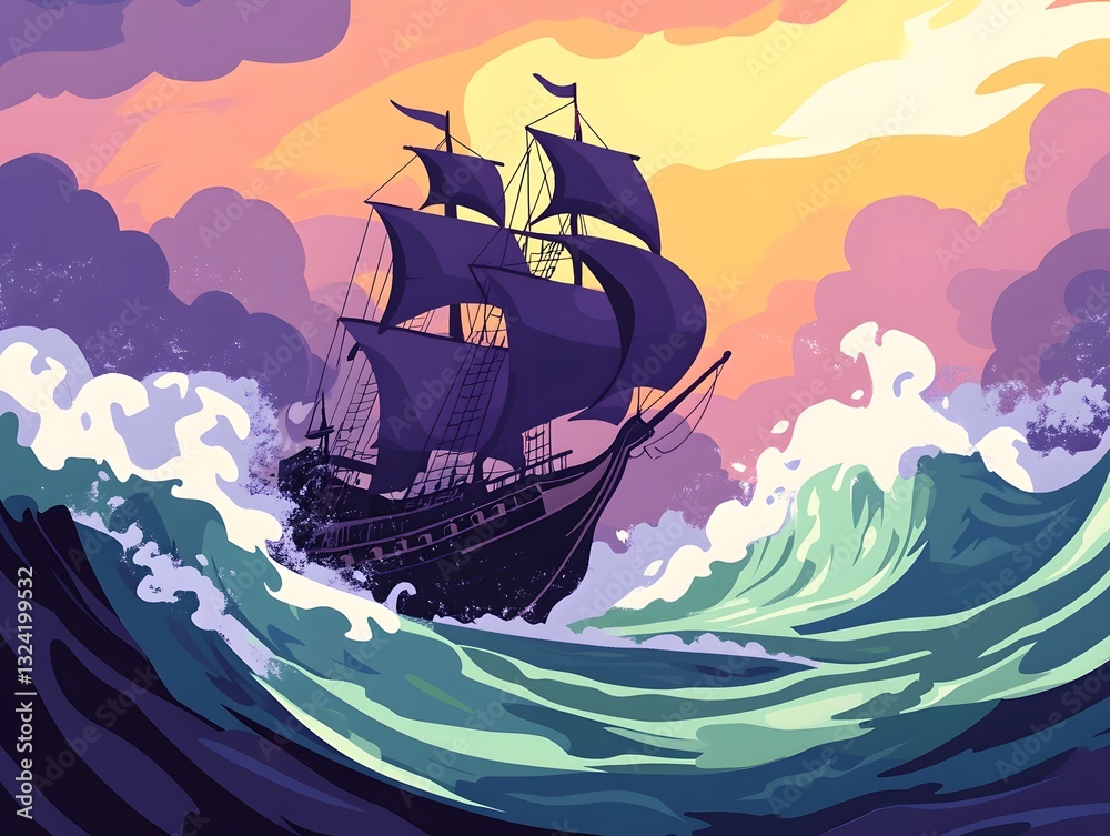 Naklejka premium Pirate Ship Sailing Through Turbulent Seas at Dramatic Sunset