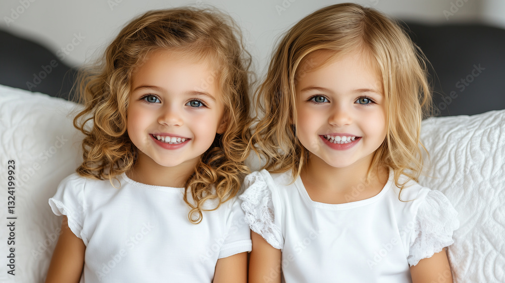 Two smiling twin girls with curly hair sitting close together on a white couch. Two smiling twin girls with curly hair sitting close together on a white couch.