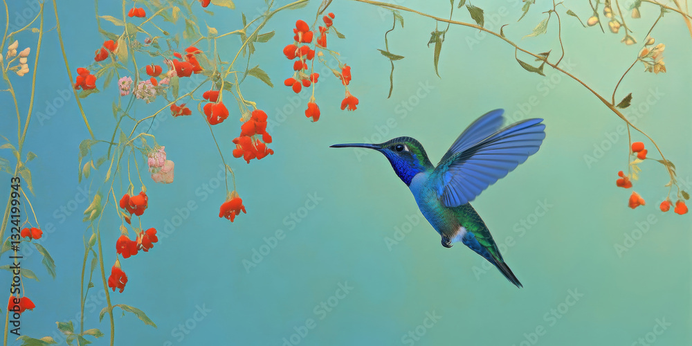 Fototapeta premium Vibrant Blue Hummingbird Hovering Among Crimson Blooms Against Soft Pastel Sky