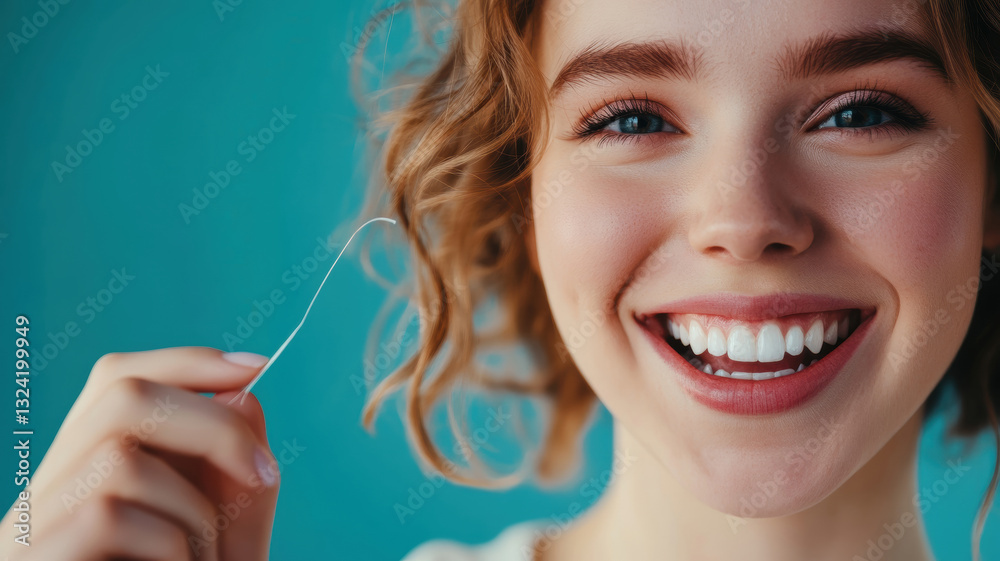 Obraz premium Smiling Woman Holding Dental Floss Against Blue Background