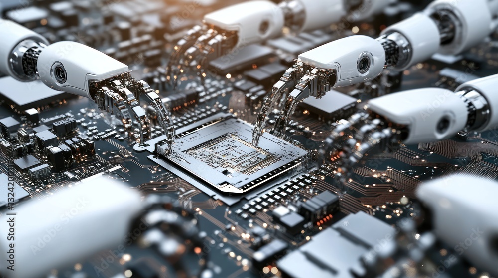 Robots installing CPU on circuit board Robots installing CPU on circuit board