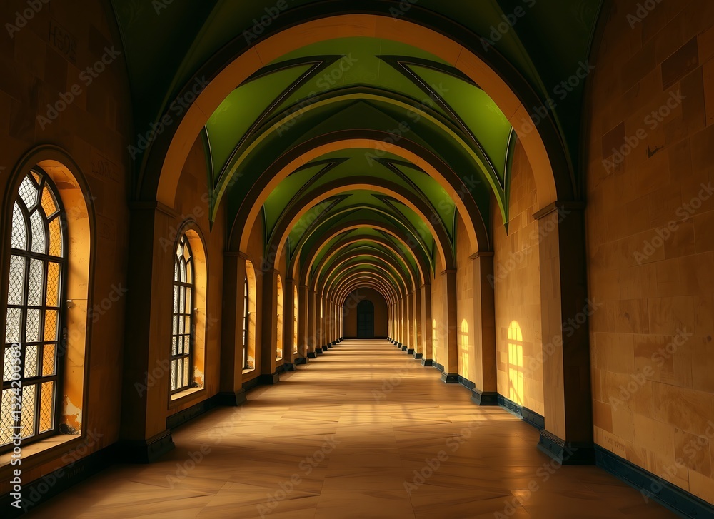 Obraz premium digitally created long hallway with high arches and green ceilings, serene
