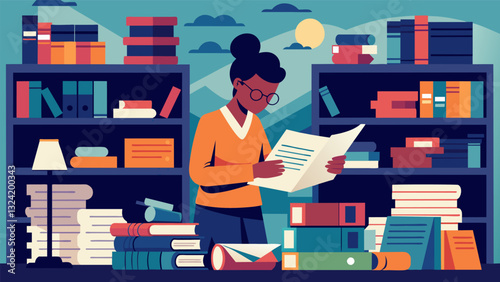 In a cozy library a researcher sifts through stacks of old newspapers and magazines meticulously documenting statistics and trends in media coverage of gender and race.. Vector illustration