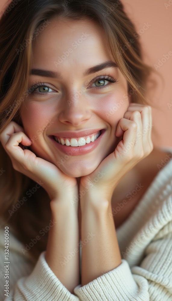 A beautiful young woman with long, flowing hair beams with joy, resting her chin on her hands against a warm peach background. Her sparkling green eyes and genuine smile radiate happiness, inviting A beautiful young woman with long, flowing hair beams with joy, resting her chin on her hands against a warm peach background. Her sparkling green eyes and genuine smile radiate happiness, inviting
