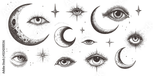 Mystical Celestial Vision Graphic with Eyes, Crescent Moons, Stars for Occult Designs