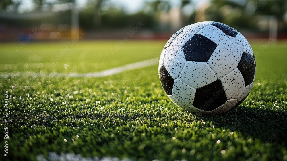 A black and white soccer ball, its surface gleaming with a hint of moisture, rested on a vibrant green artificial turf field, ready to embark on a new journey of athleticism and passion. A black and white soccer ball, its surface gleaming with a hint of moisture, rested on a vibrant green artificial turf field, ready to embark on a new journey of athleticism and passion.