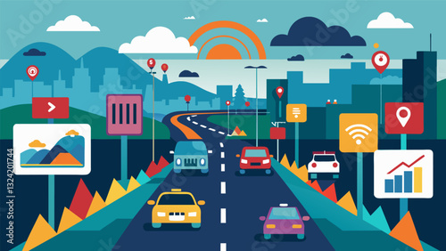 Realtime data from traffic cameras weather sensors and vehicle tracking systems are combined to create a comprehensive visualization of the current state of a busy highway.. Vector illustration