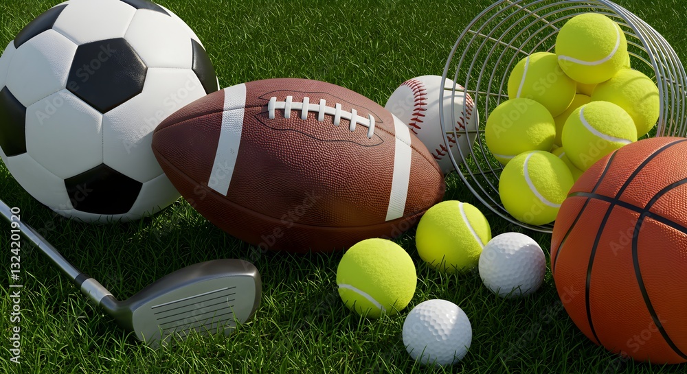 An Array of Sports Equipment on Grass, Celebrating Athletics and Recreation An Array of Sports Equipment on Grass, Celebrating Athletics and Recreation