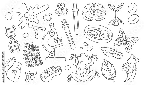 Line art biology science icons set