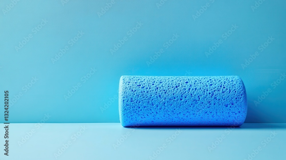 A vibrant blue foam roller, a symbol of relaxation and rejuvenation, rests on a pristine light blue surface within a serene wellness studio, inviting viewers to embrace the tranquility of self-care.