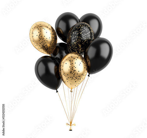 Elegant arrangement of black and gold balloons image isolated transparent. Black Friday event decoration cut out photo png. Formal celebration baloons cutout element object photography