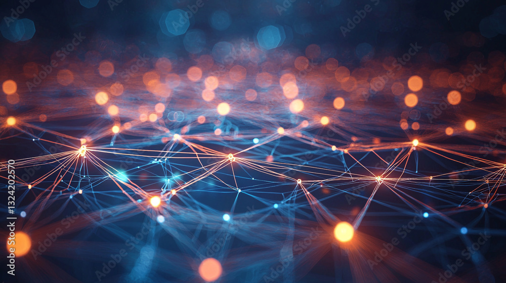 Abstract network connections digital technology orange blue glow web data mesh light lines nodes