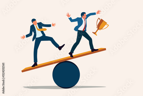 business competition - competitor concept, two businessman standing on balance beam bar, trying to grab golden trophy, strategy analysis , market plan,  